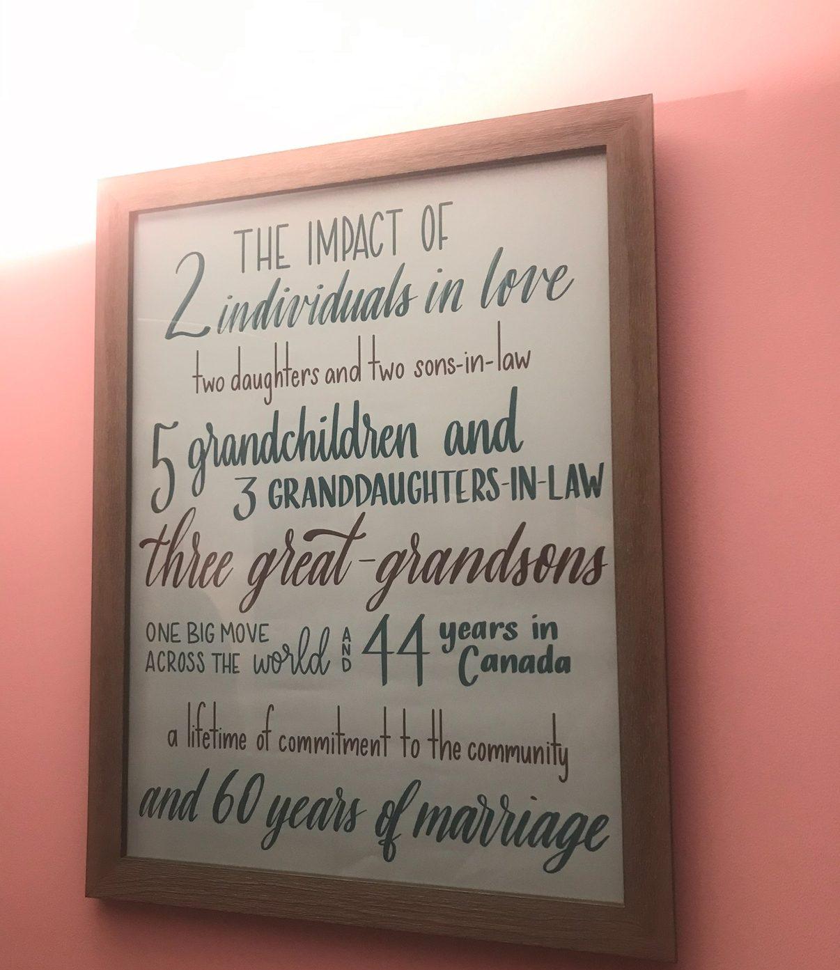 Framed hand-lettered tribute piece celebrating sixty years of marriage